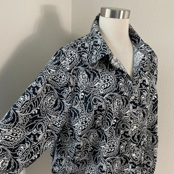 Chaps Classics Womens Plus 3X Black White Paisley No Iron Button Up Shirt Blouse - Picture 2 of 8